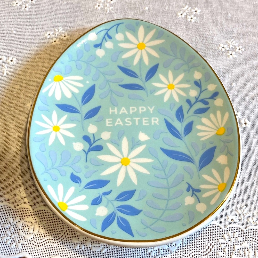 Eccolo Blue, White & Yellow Happy Easter Floral Ceramic Trinket Tray. New in Box